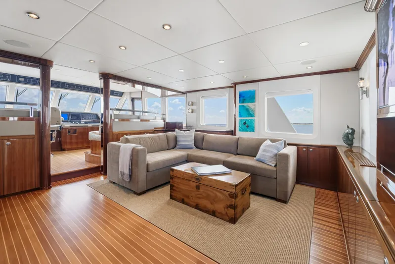 Penelope Yacht Photos Pics Luxurious interior of 1990 Delta Expedition yacht with modern furnishings and ocean views.