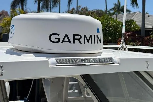  Yacht Photos Pics Garmin radar on 2021 World Cat 400 DC-X boat, with tropical background.