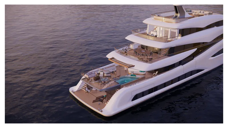 Perennial Yacht Photos Pics Luxurious 2026 Custom 60M yacht with multiple decks and a pool at sunset.