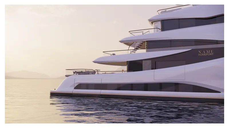 Perennial Yacht Photos Pics Luxury Custom 60M yacht on serene waters at sunset, 2026 model.