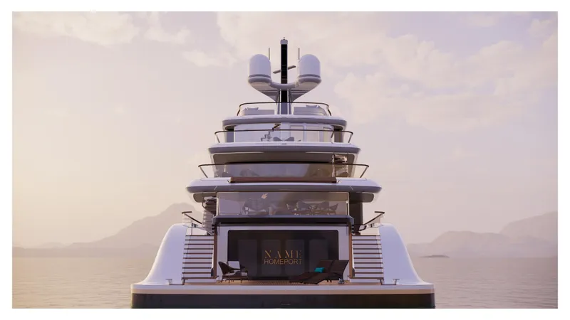 Perennial Yacht Photos Pics Luxury Custom 60M yacht, 2026 model, docked at sunset with mountain backdrop.