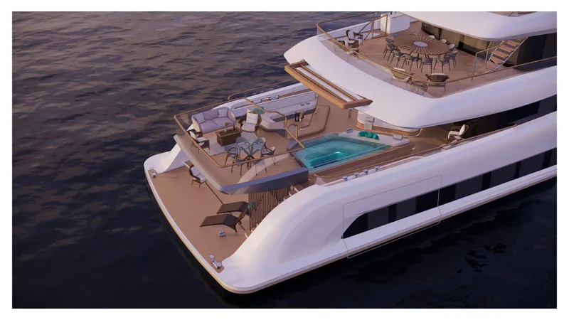 Perennial Yacht Photos Pics Luxurious Custom 60M yacht 2026 with pool and spacious deck on calm waters.