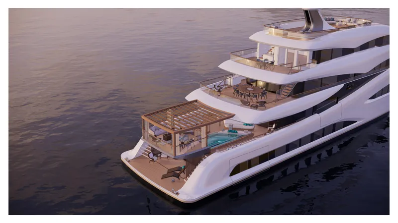 Perennial Yacht Photos Pics Luxurious 2026 Custom 60M yacht with multiple decks and a pool at sunset.