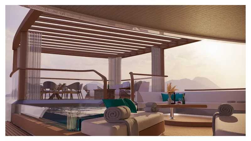 Perennial Yacht Photos Pics Luxurious Custom 60M yacht interior, 2026 model, featuring elegant seating and dining area.