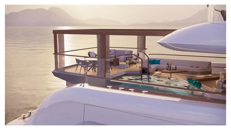 Perennial Yacht Photos Pics Luxurious Custom 60M yacht (2026) with outdoor lounge and pool, scenic ocean view.