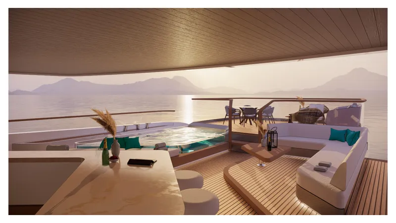 Perennial Yacht Photos Pics Luxurious Custom 60M yacht deck with pool, lounge area, and scenic ocean view, 2026 model.