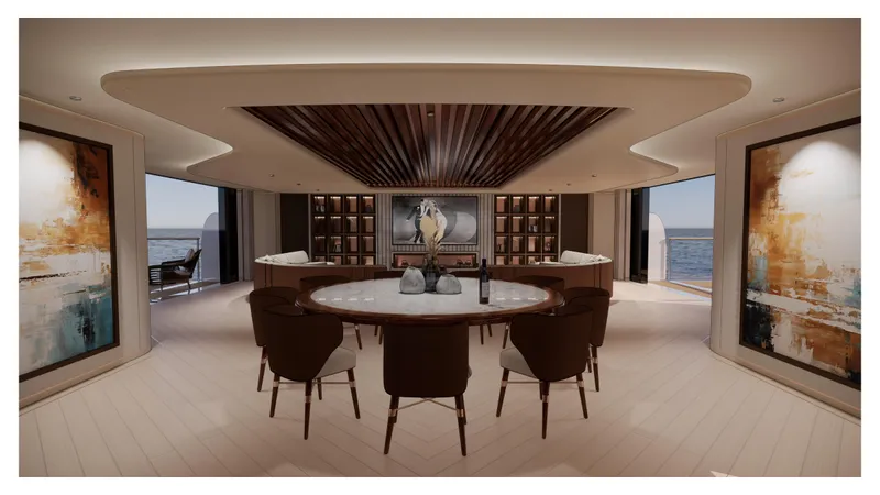 Perennial Yacht Photos Pics Luxurious yacht interior with modern dining area, abstract art, and ocean view, Custom 60M, 2026.