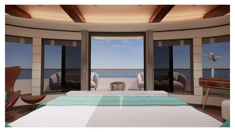 Perennial Yacht Photos Pics Luxurious yacht bedroom with ocean view, modern design, and elegant furnishings, Custom 60M, 2026 model.