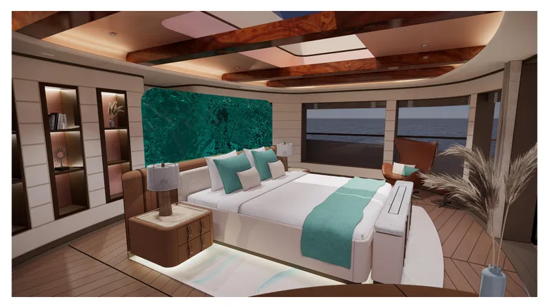 Perennial Yacht Photos Pics Luxurious 2026 Custom 60M yacht bedroom with ocean view, modern decor, and teal accents.