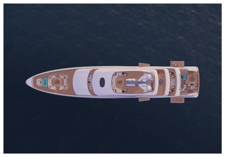 Perennial Yacht Photos Pics Aerial view of a Custom 60M yacht, 2026 model, on the water.