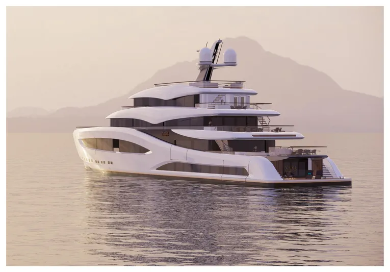 Perennial Yacht Photos Pics Luxurious 2026 Custom 60M yacht cruising at sunset with mountain backdrop.