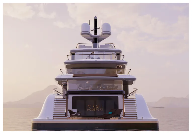 Perennial Yacht Photos Pics Luxury Custom 60M yacht, 2026 model, rear view at sunset with mountains in background.