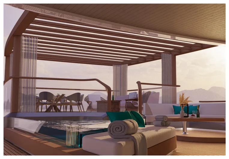 Perennial Yacht Photos Pics Luxurious yacht deck with hot tub, lounge seating, and dining area, Custom 60M, 2026 model.