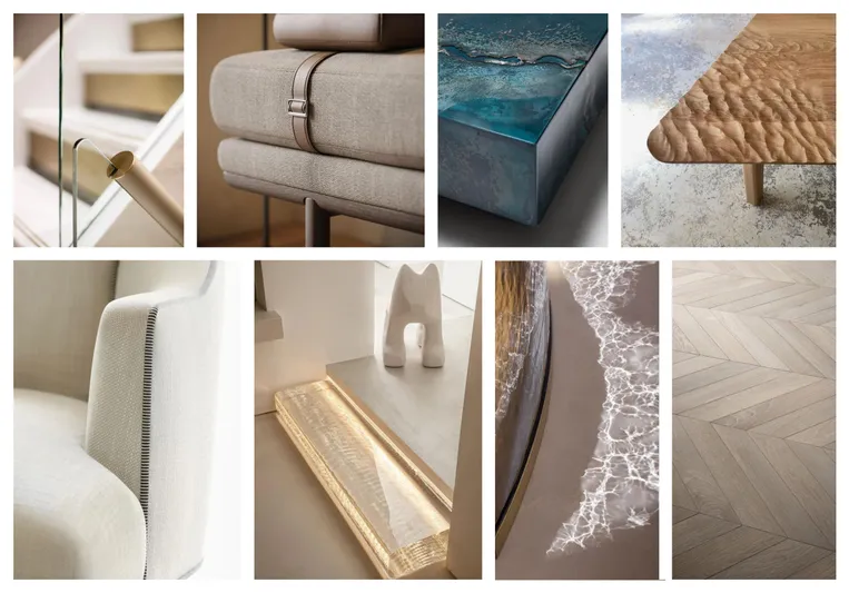 Perennial Yacht Photos Pics Modern interior design elements collage featuring furniture, lighting, and textures, Custom 60M, 2026.