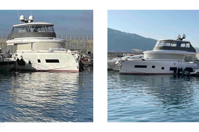  Yacht Photos Pics Luxury 2022 Sirena 58 yacht docked in a serene marina setting.