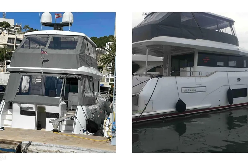  Yacht Photos Pics 2022 Sirena 58 yacht docked, featuring sleek design and modern amenities.