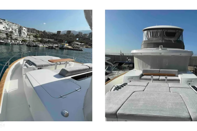  Yacht Photos Pics 2022 Sirena 58 yacht with spacious deck and luxurious seating in marina setting.