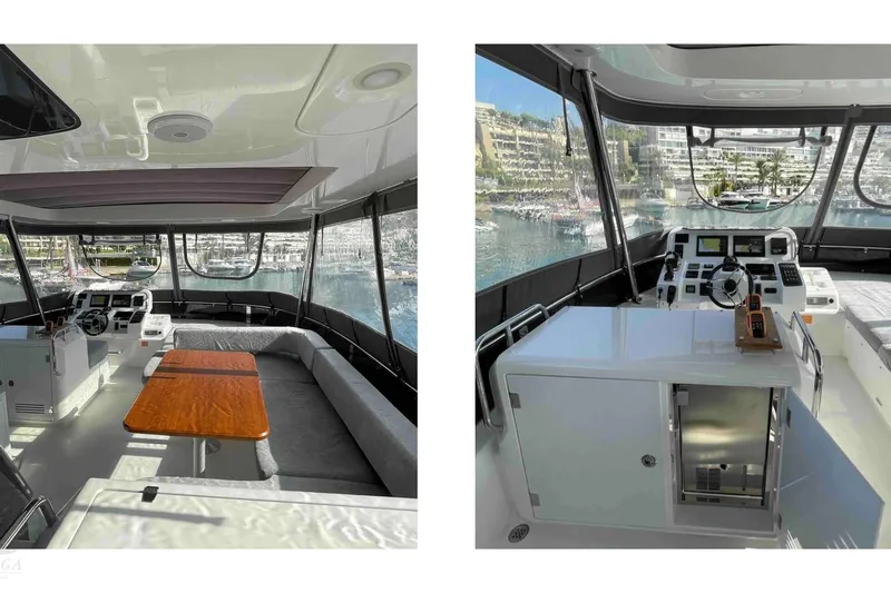  Yacht Photos Pics Interior view of 2022 Sirena 58 yacht with helm and seating area.