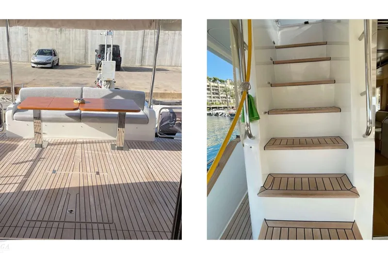  Yacht Photos Pics 2022 Sirena 58 yacht with teak deck, outdoor seating, and staircase.
