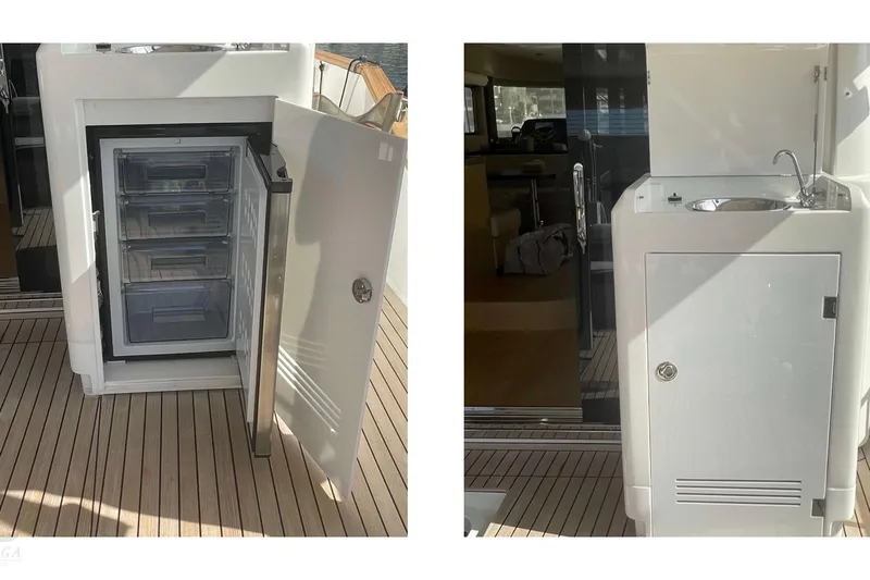  Yacht Photos Pics Outdoor kitchenette on 2022 Sirena 58 yacht with fridge and sink on teak deck.