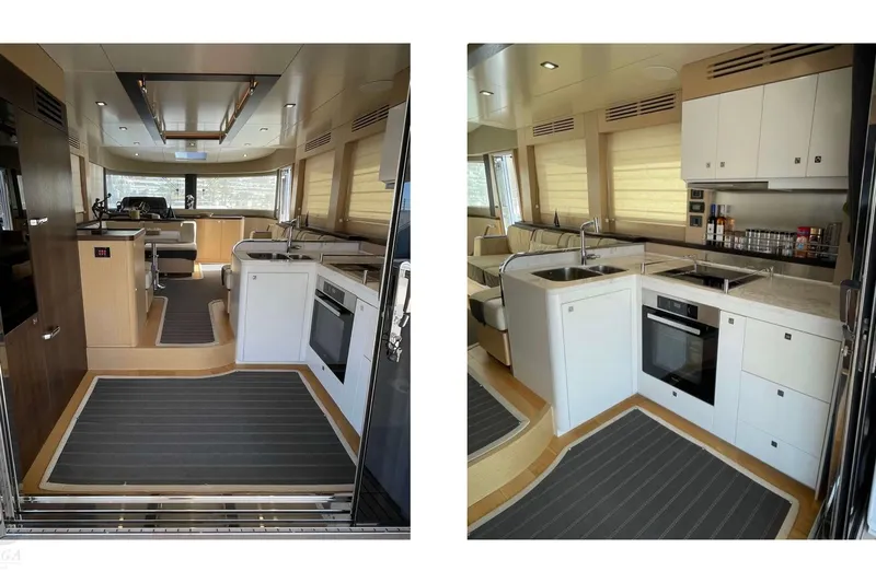  Yacht Photos Pics Luxurious interior of 2022 Sirena 58 yacht featuring modern kitchen and seating area.