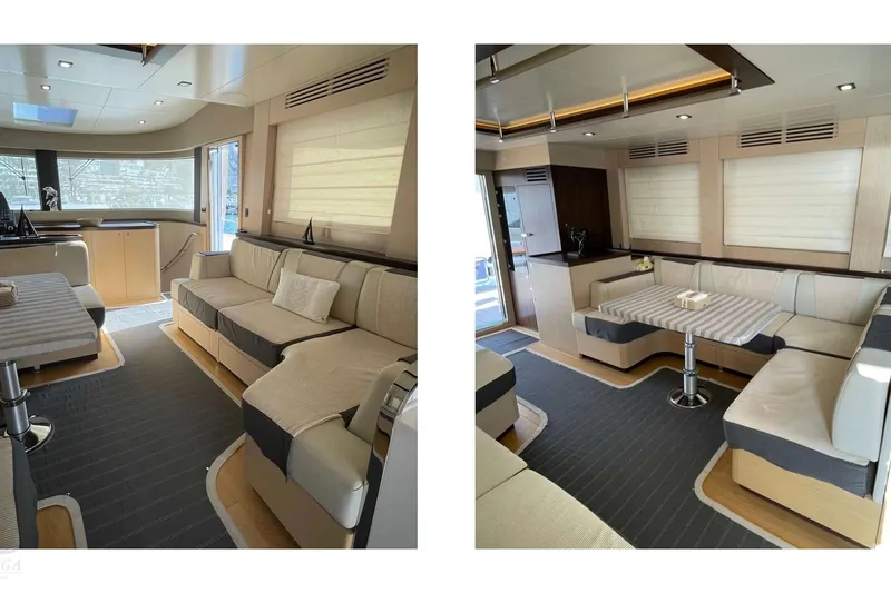  Yacht Photos Pics Luxurious interior of 2022 Sirena 58 yacht with modern seating and dining area.
