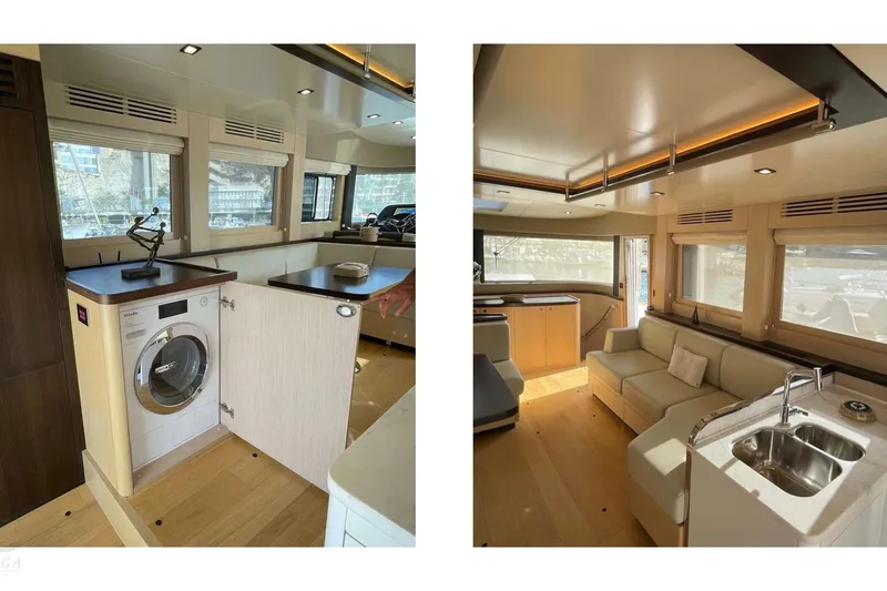  Yacht Photos Pics Luxurious interior of 2022 Sirena 58 yacht featuring modern kitchen and cozy seating area.