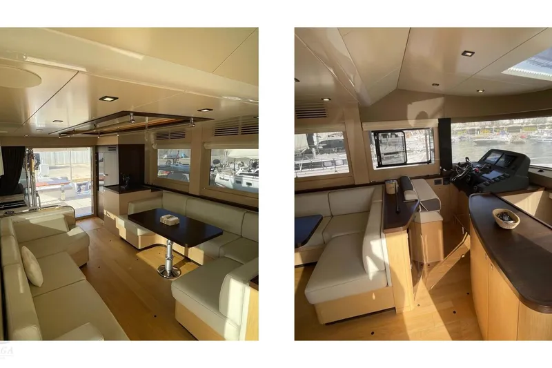  Yacht Photos Pics Luxurious interior of 2022 Sirena 58 yacht with modern seating and navigation area.