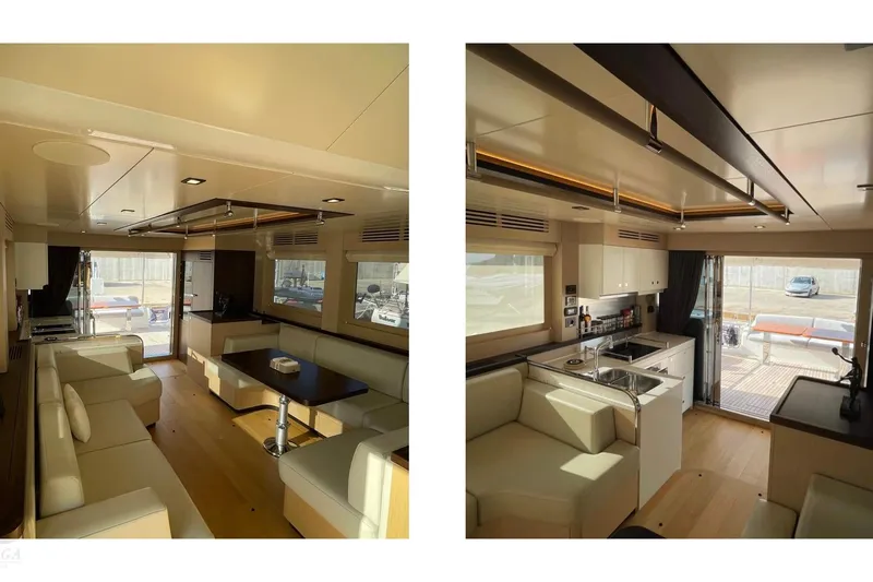  Yacht Photos Pics Luxurious interior of 2022 Sirena 58 yacht featuring modern kitchen and spacious seating area.