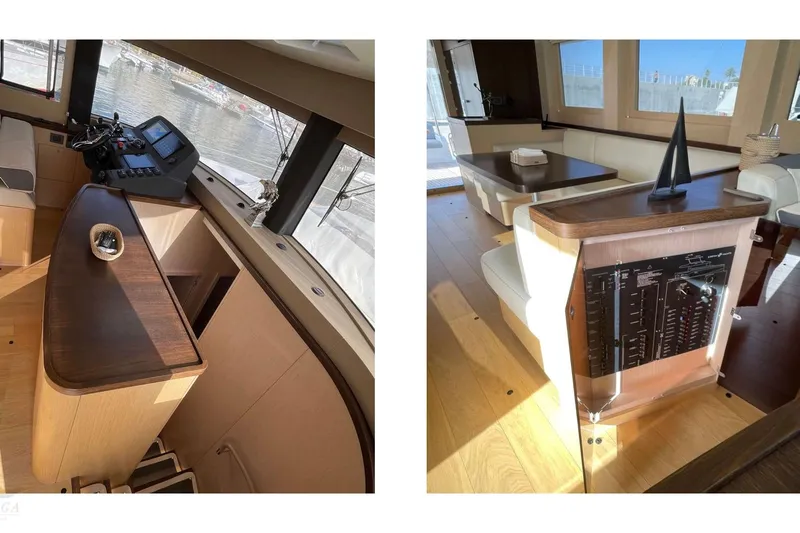  Yacht Photos Pics Interior of 2022 Sirena 58 yacht showcasing helm and dining area with modern design.