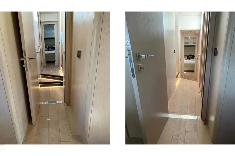 Yacht Photos Pics Interior hallway of 2022 Sirena 58 yacht with modern wood finish.