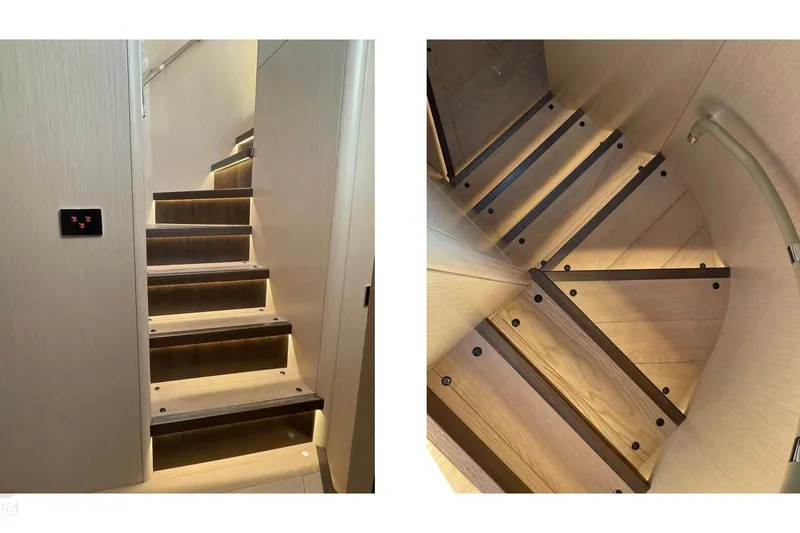  Yacht Photos Pics Modern staircase with ambient lighting on a 2022 Sirena 58 yacht.