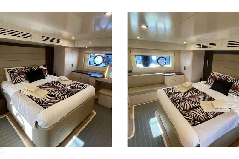  Yacht Photos Pics Luxurious bedroom interior of 2022 Sirena 58 yacht, featuring elegant bedding and modern design.