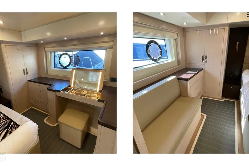  Yacht Photos Pics Luxurious interior of 2022 Sirena 58 yacht featuring elegant cabinetry and seating.