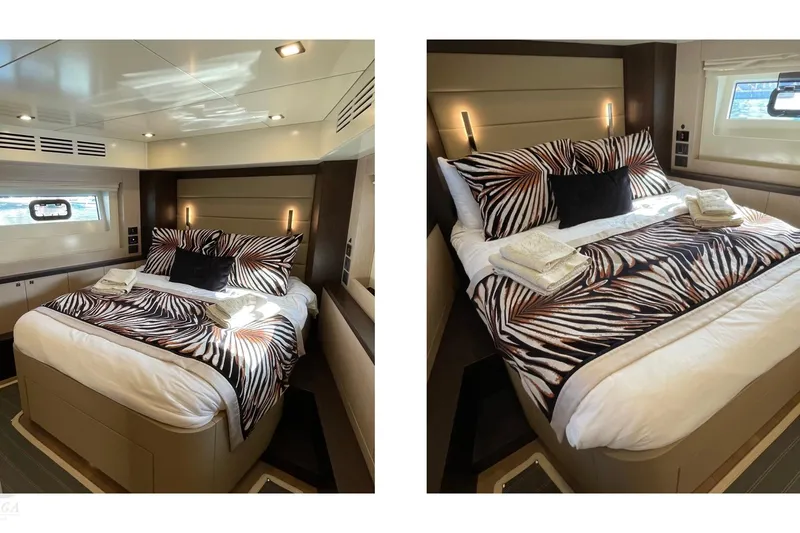  Yacht Photos Pics Luxurious bedroom interior of 2022 Sirena 58 yacht with zebra-patterned bedding.