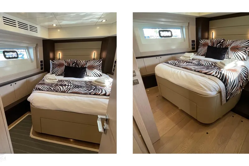  Yacht Photos Pics Luxurious 2022 Sirena 58 yacht bedroom with zebra-patterned bedding and modern design.