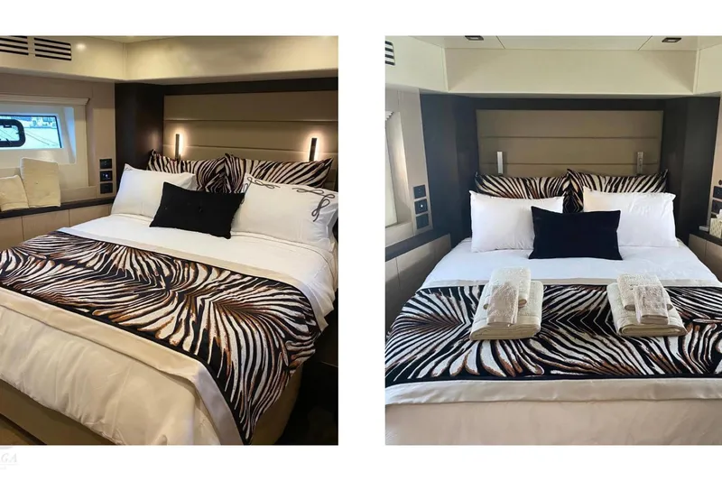  Yacht Photos Pics Luxurious bedroom interior of 2022 Sirena 58 yacht with elegant bedding and modern design.