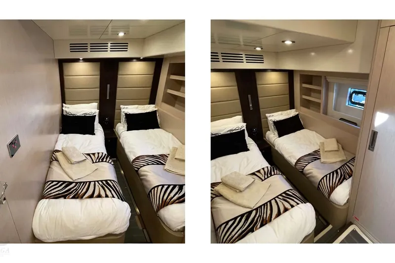  Yacht Photos Pics Luxurious twin cabin interior of 2022 Sirena 58 yacht, featuring elegant bedding and modern design.