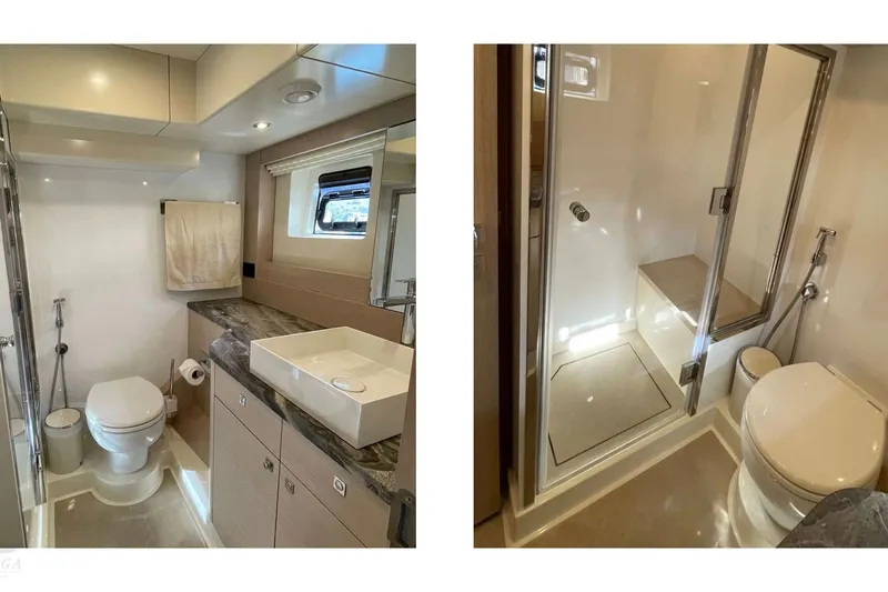  Yacht Photos Pics Luxurious bathroom interior of 2022 Sirena 58 yacht, featuring modern fixtures and elegant design.