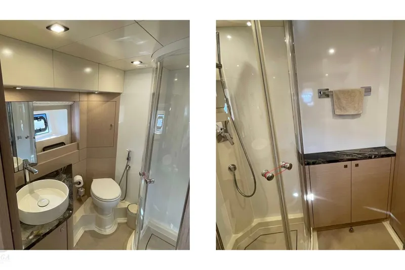  Yacht Photos Pics Luxurious 2022 Sirena 58 yacht bathroom with modern fixtures and elegant design.