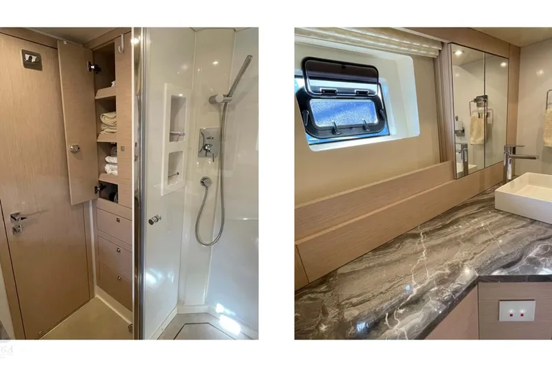  Yacht Photos Pics Luxurious bathroom interior of 2022 Sirena 58 yacht with modern shower and elegant marble countertop.