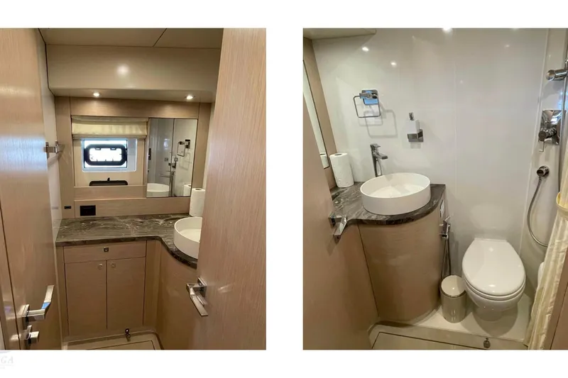  Yacht Photos Pics Luxurious bathroom interior of 2022 Sirena 58 yacht with modern fixtures and elegant design.