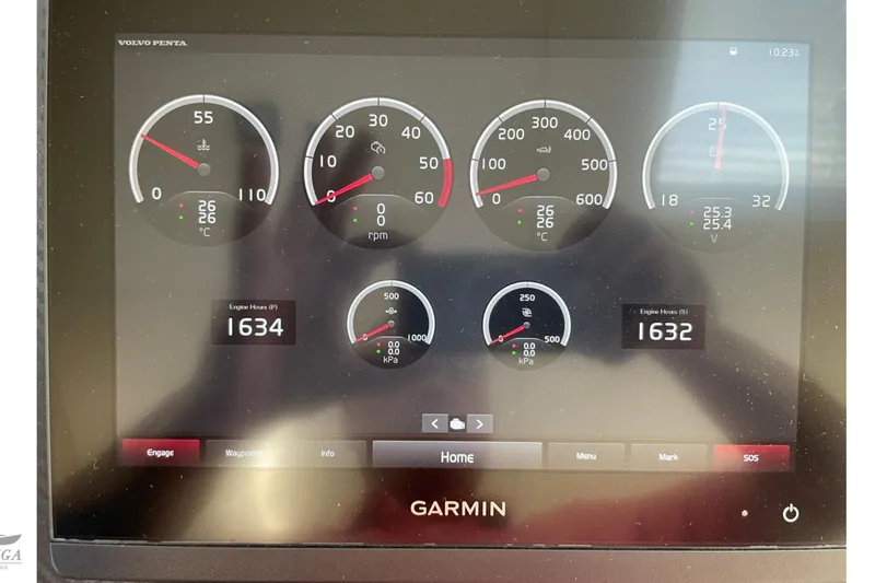  Yacht Photos Pics Garmin display showing engine metrics on a 2022 Sirena 58 yacht.