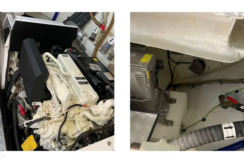  Yacht Photos Pics Engine room of 2022 Sirena 58 yacht, showcasing mechanical components and wiring.