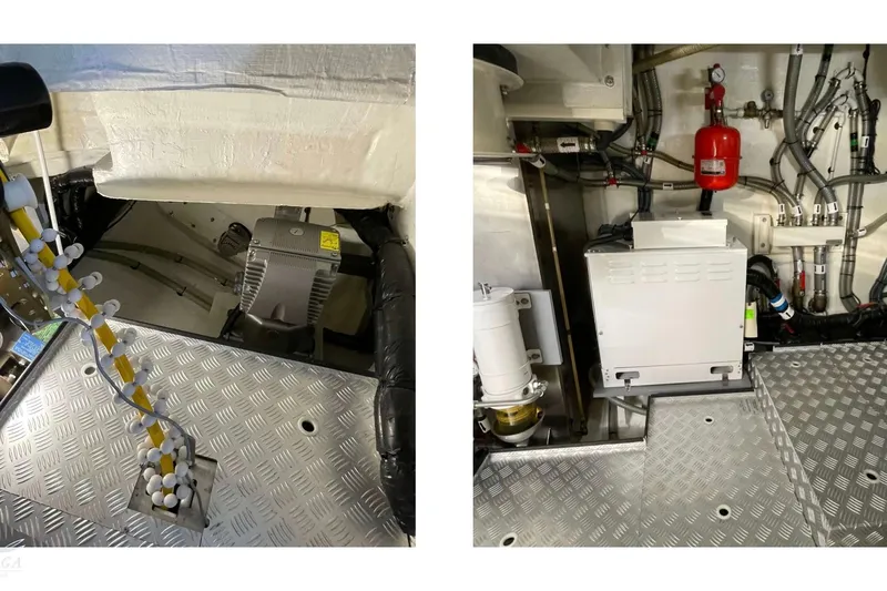  Yacht Photos Pics Engine room of 2022 Sirena 58 yacht with equipment and safety features.