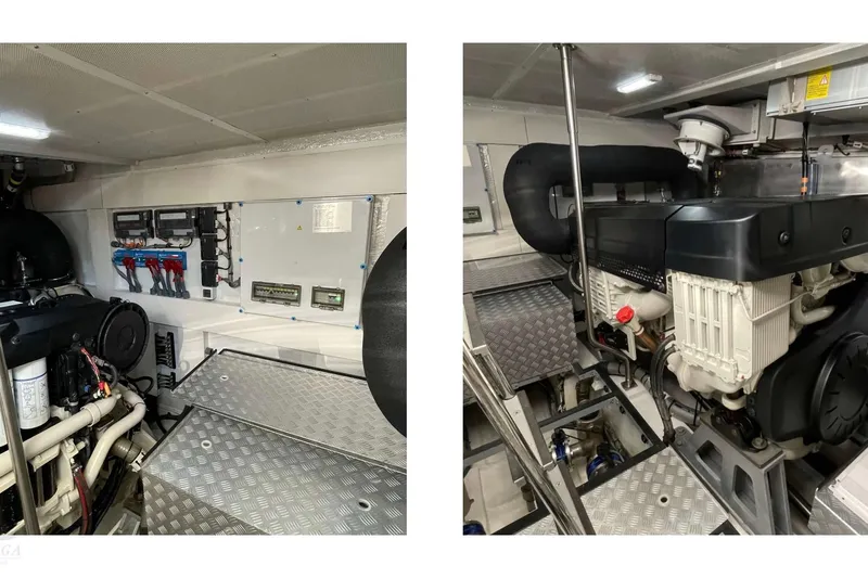  Yacht Photos Pics Engine room of 2022 Sirena 58 yacht, featuring advanced mechanical systems and equipment.