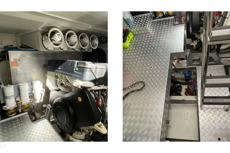  Yacht Photos Pics Engine room of 2022 Sirena 58 yacht with machinery and ventilation system.