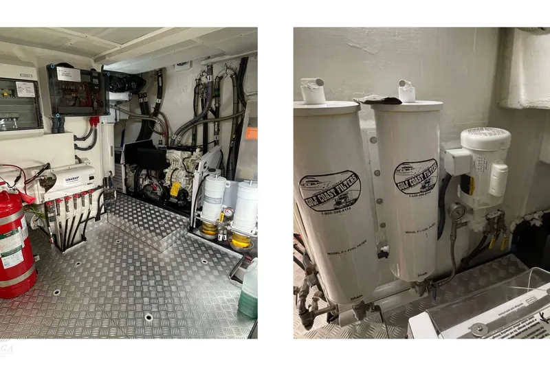  Yacht Photos Pics Engine room of 2022 Sirena 58 yacht with equipment and Gulf Coast filters.