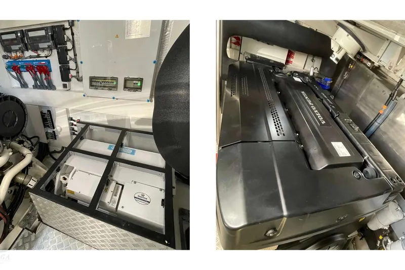  Yacht Photos Pics Engine room of 2022 Sirena 58 yacht showcasing advanced machinery and control systems.