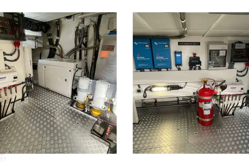  Yacht Photos Pics Engine room of 2022 Sirena 58 yacht with equipment and safety features.